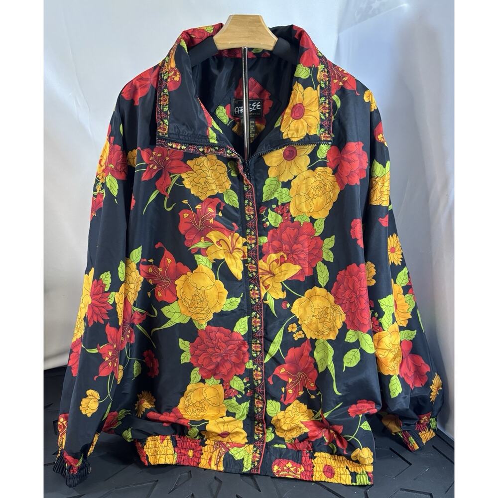 Vintage Floral Windbreaker Jacket 90s‎ Bold Print Black Red Yellow 22W